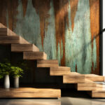 Close up wood winders of modern, elegant stairs with black grani